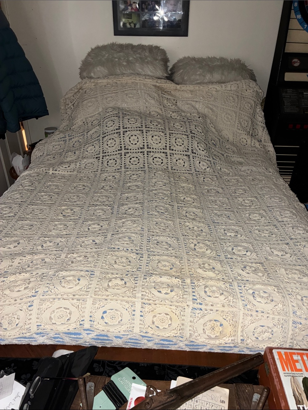Vintage Handmade Cream Crochet Bedspread Throw — Classic Handmade Style,